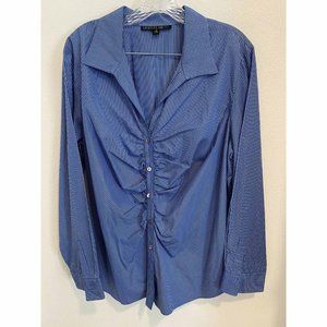 Lafayette 148 New York Blue striped Button Gathered Blouse Size Plus 18